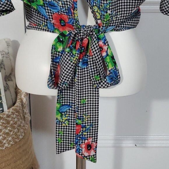 Betsey Johnson Vintage Gingham Floral Tie Back Kimono Raglan Sleeved Top- NWT - Picture 10 of 15